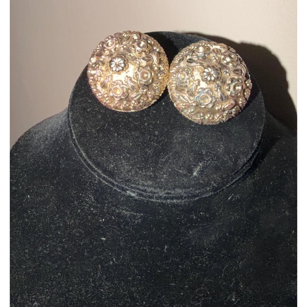 VTG Etruscan Revival Brass Clip On Earrings Ornate Floral Domed Byzantine1.25 In